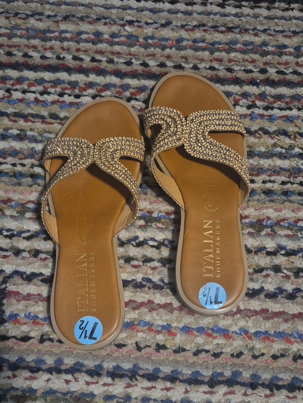 Italian Shoemakers Tan Slide Sandals with Gold Crystal Straps